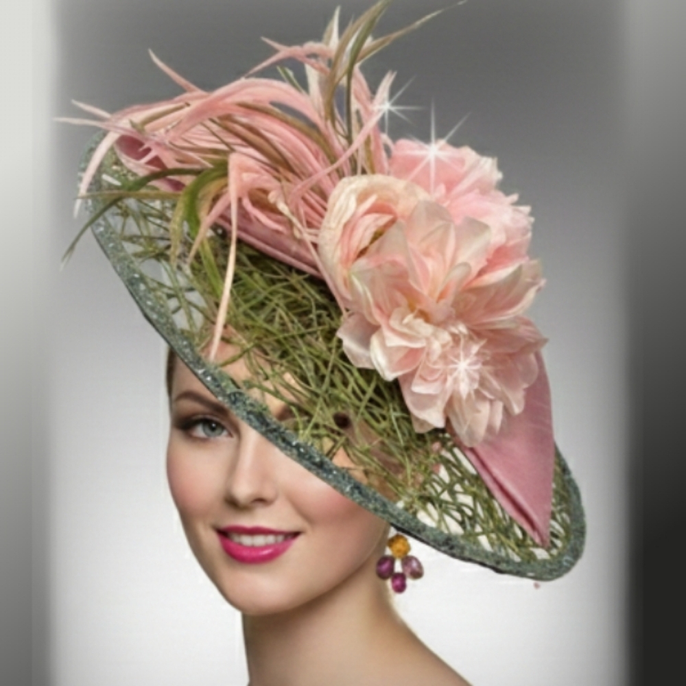 Beloved Millinery Elegant Pink Green Satin Flower Feathers Jeweled Fascinator